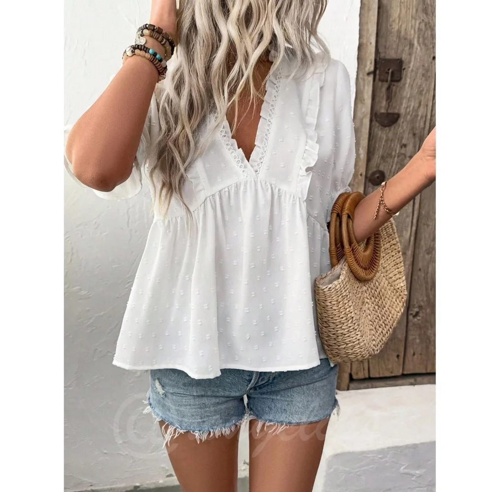 White Swiss Dot Babydoll V-Neck Short Puff Sleeve Top Shirt Frill Ruffle Trim - Picture 6 of 9